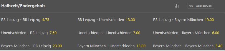 Wettquoten von Bet365 zu den Halbzeit/Endstand Wetten für das Spiel RB Leipzig gegen Bayern München in der deutschen Bundesliga.